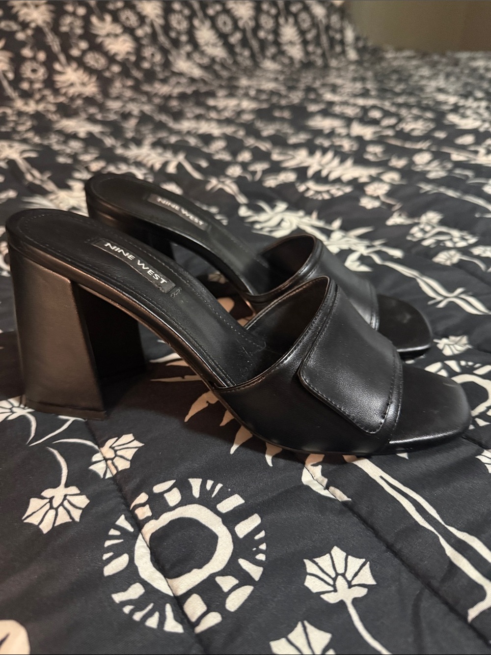 Nine West Black Leather Block Heel Mules
